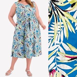 Anne Klein Women's Floral Linen Blend Midi Dress, Blue, Size 3X turquoise blue